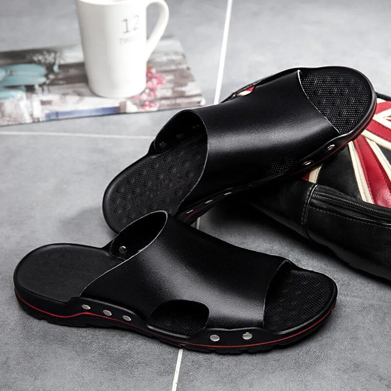 2023 Summer Men Sandals Leather Quality Beach Slippers Casual Shoes Flat Outdoor Beach Shoes Big Size 38-48