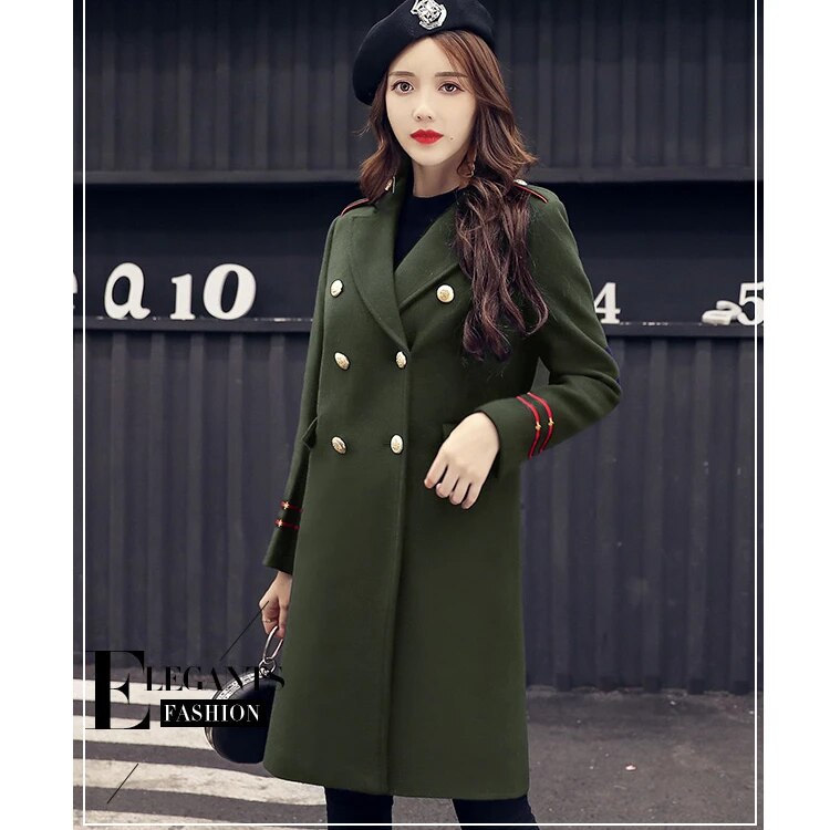 YASUGUOJI New 2021 Fashion Double Breasted Winter Coat Female Thicken Warn Overcoat Military Green Woollen Long Coat Women