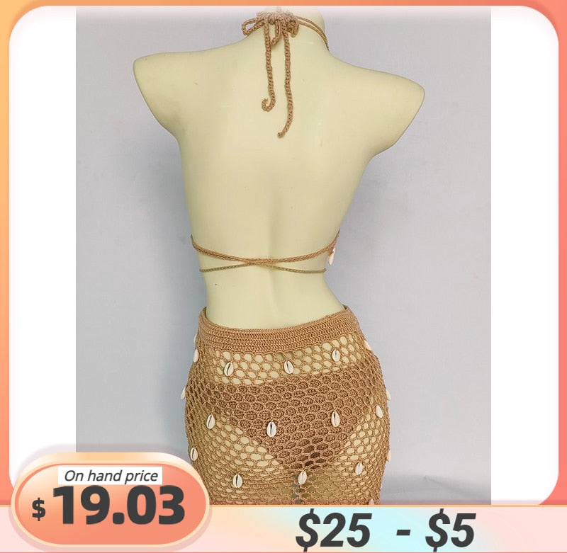 Woman Bikini Set Crochet Shell Tassel Top Sexy Thong Bottom See-Through Hollow Out Bandage High Waist Short Beach Skirt