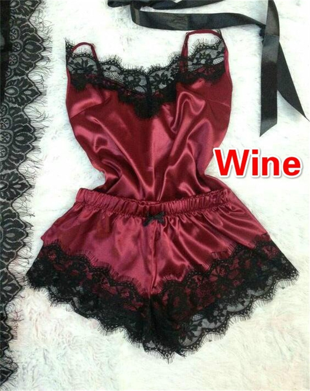 Satin Pajamas Sexy Lace Pijama Nightie Sleepwear Home Clothes Tops and Shorts Women&#39;s Silk Pajamas Solid Color Pajama Set Women