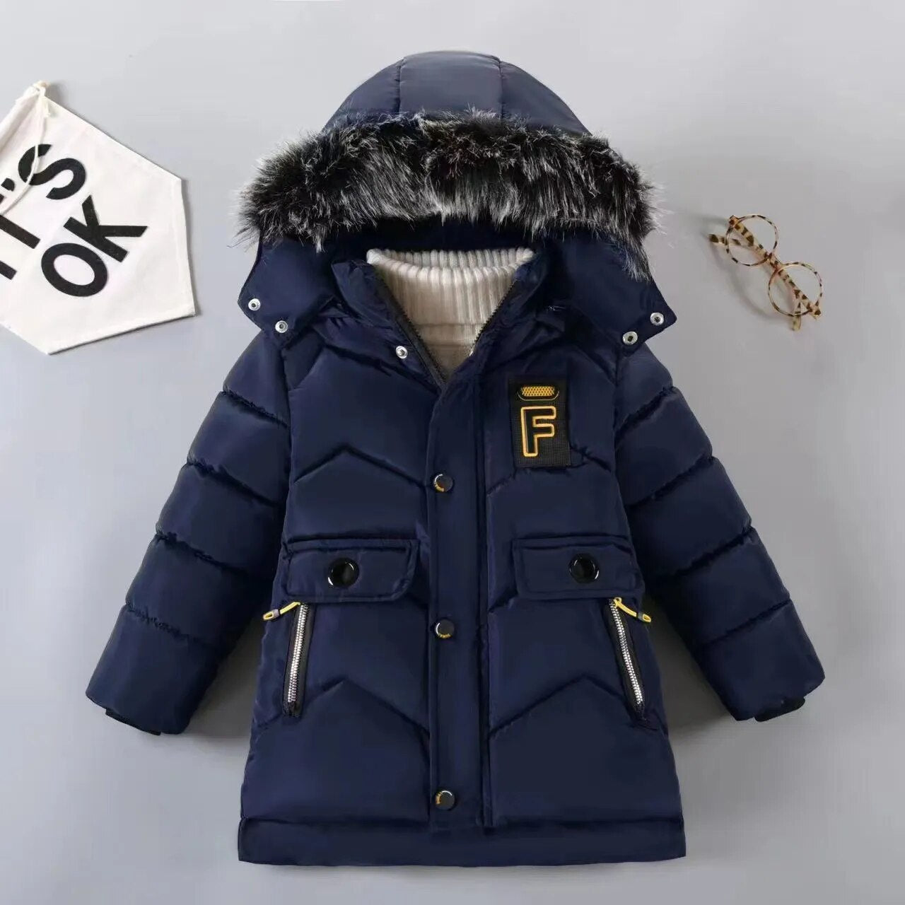 2023 New Style Winter Keep Warm Boys Jacket Letter F Fashion Lining With Plush Fur Collar Hooded Heavy Coat For Kids