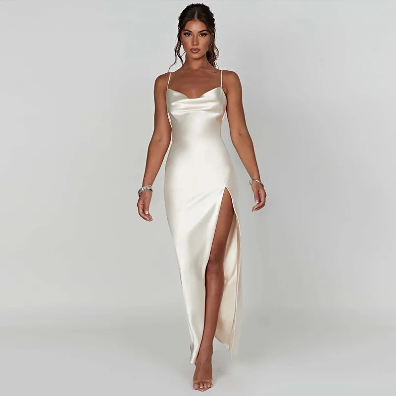 Spaghetti Strap White Long Satin Dress Elegant Party Dress For Women 2023 Summer High Slit Backless Formal Occasion Dresses Maxi