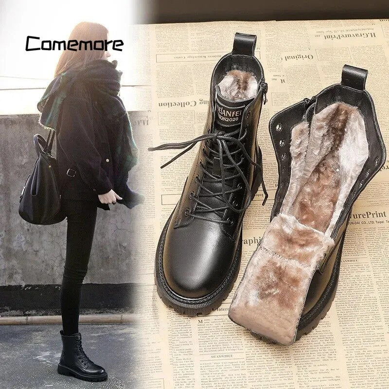 Comemore Black Leather Boot Ankle Booties Plush Warm Platform Shoe Fashion British Style Botas Winter Furry Boots Women Shoes 40