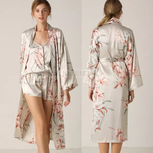 Print Flower Nighty&amp;Robe Suit Sleepwear Sexy Satin Kimono Gown Women Bathrobe Intimate Lingerie Nightwear Silky Nightgown