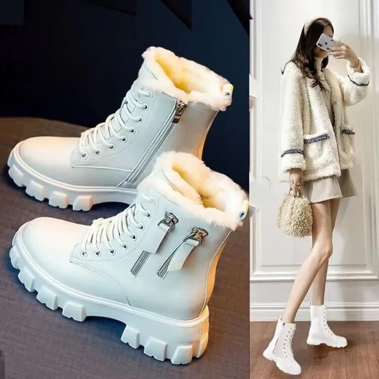 Snow Boots Women Winter 2022 New Plush Velvet Woman Shoes Warm Ankle Boots Thick Cotton Shoes Furry Black Women Leather Boots