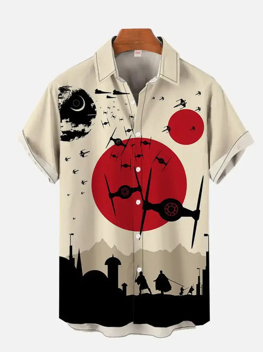 Japanese high-end art style aircraft print men's short-sleeved shirt casual men's Hawaiian short-sleeved top 2024 new men's shir