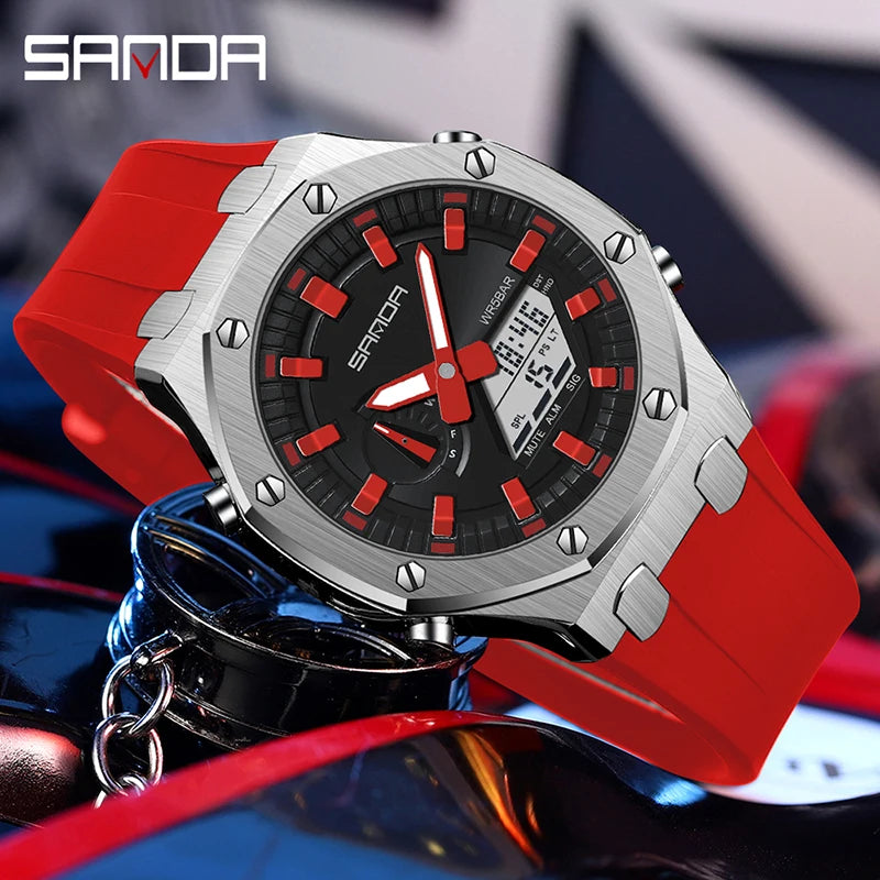 SANDA 3309 New Men's Watch Electric Multi-Function Fashion Trend Outdoor Luminous Alarm Clock Waterproof Shockproof Male Watches