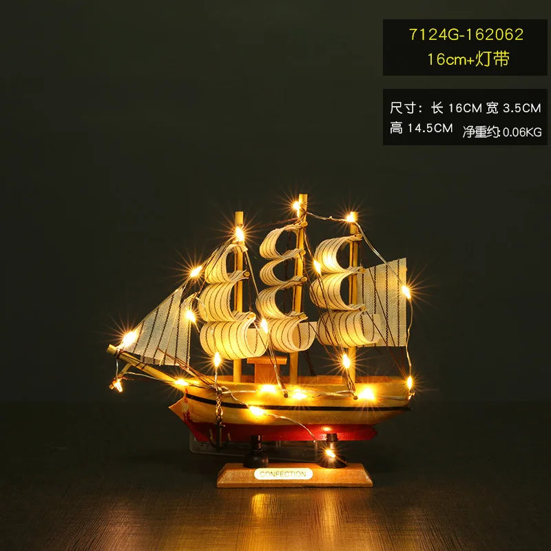 Pirate ship Sailboat model Wooden small wooden boat decoration Cake ornaments Fishing boat home tabletop decoration LED 16-20cm