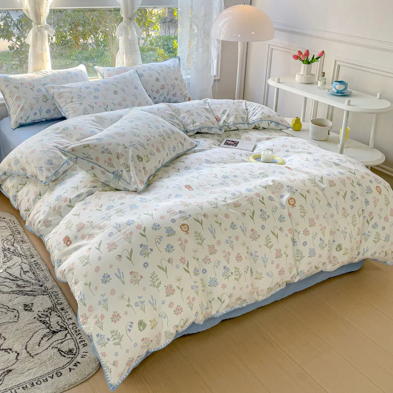 Pastoral Girls Flower Bedding Sets, Washed Cotton Bed Linens, Soft Quilt Cover Sheet Set, Simple Bedspread, Home Textiles