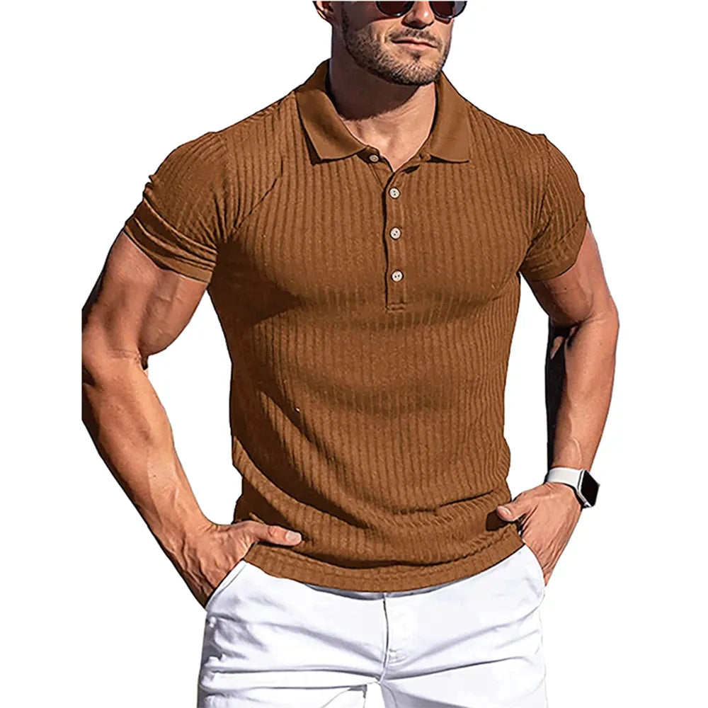 New Summer Polo Men Solid Stripe Fitness Elasticity Short Sleeve Polo Shirts for Men Fashion Stand Collar Mens Shirts