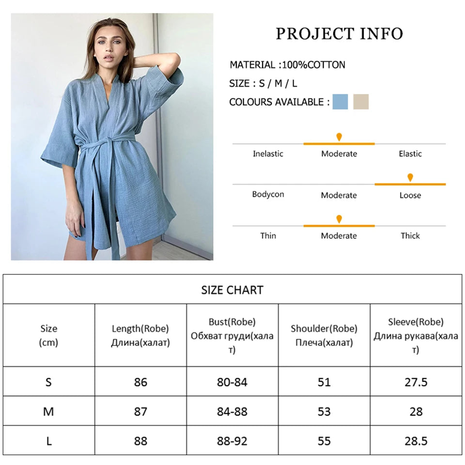 Crape Cotton Robe Women&#39;s Nightwear Mini Bathrobes Lace Up Sleepwear Muslin Women&#39;S Home Clothes Solid Color Robes Women Nightie