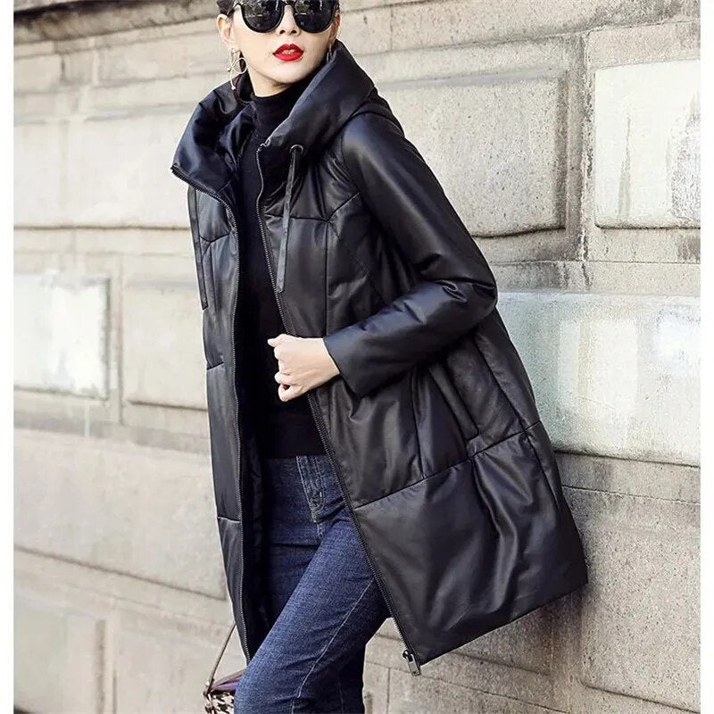 Thicken Snow Parkas Winter Women's Warm Hooded PU Leather Jacket Black Loose Long Coat Windproof Female Cotton Leather Overcoat