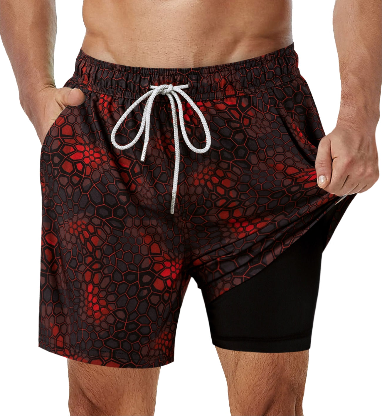 SURFCUZ Mens Swimming Trunks with Compression Liner Stretch Mens Swimwear 2 in 1 Quick Dry Running Gym Swim Shorts for Men