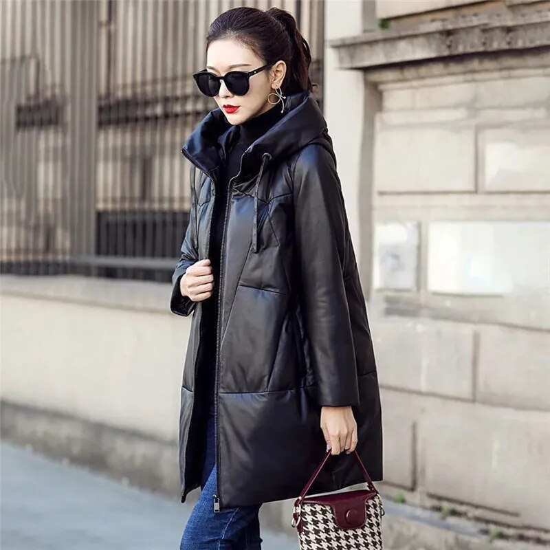 Thicken Snow Parkas Winter Women's Warm Hooded PU Leather Jacket Black Loose Long Coat Windproof Female Cotton Leather Overcoat