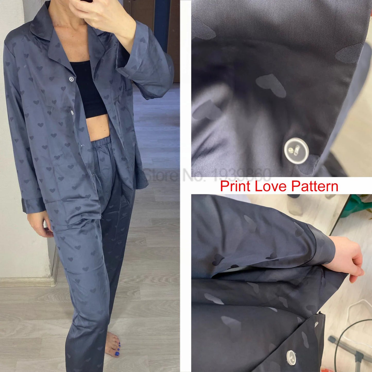 Jacquard Love Pajamas Suit Women Satin Pyjamas Pour Femme Faux Silk Sleepwear Nightwear Home Clothes Two Pieces Shirt&Pants Set