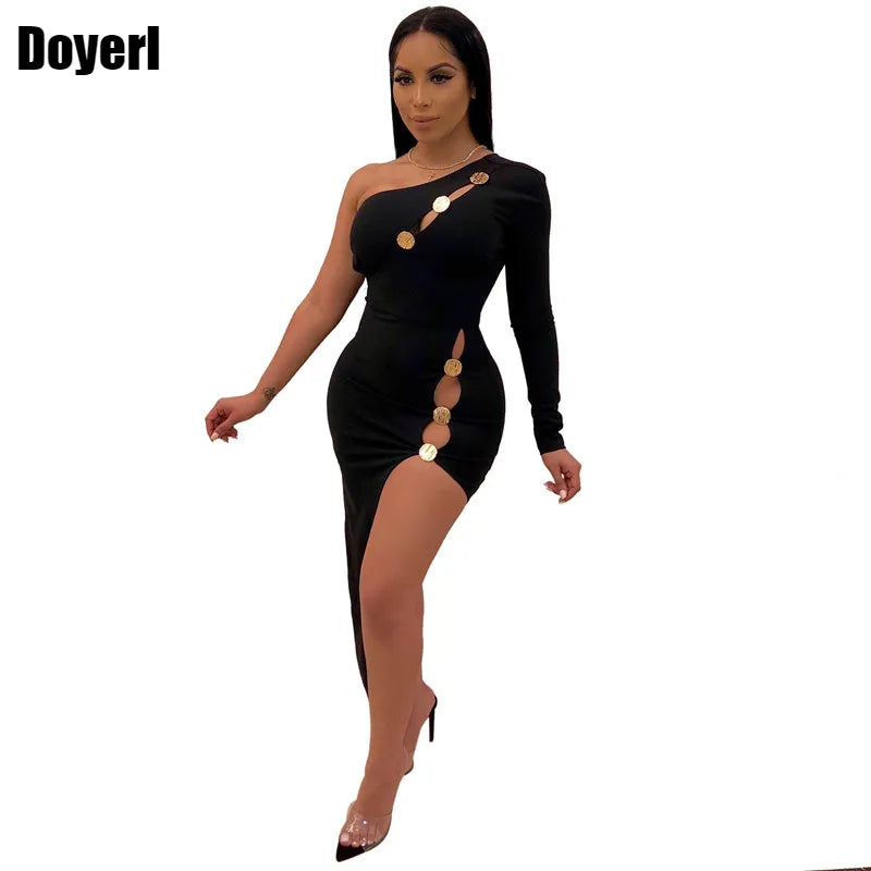 Women Sexy Party Bandage Bodycon Dress Long Sleeve One Shoulder Hollow Out Button Sheath Irregular Midi Evening Club Dress 2022