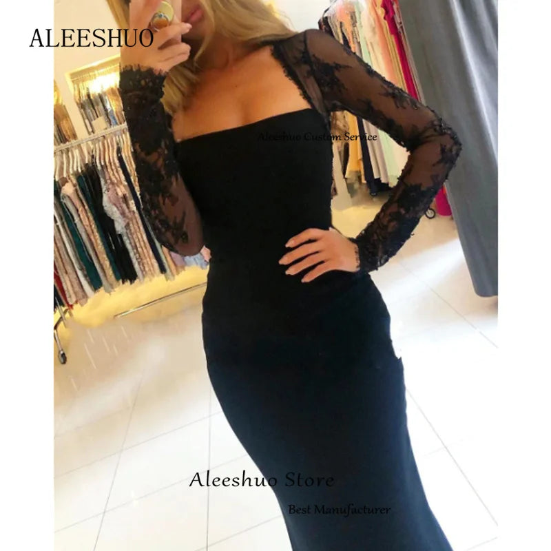 Aleeshuo Sexy Black Mermaid Evening Dresses Tulle Long Sleeves Backless Lace Prom Dress Sweep Train Cocktail Party Gown With Bow