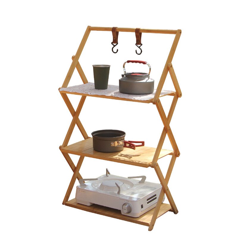 Outdoor Rack Camping Foldable Multi-layer Portable Installation-free Bamboo Storage Rack Multifunctional Folding Table （no bag）