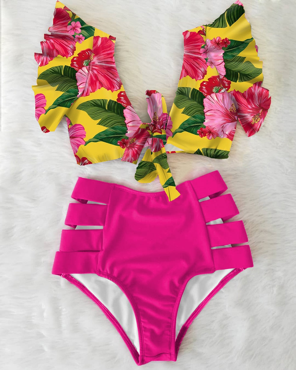 High Waist Ruffled Sexy Bikini Set 2022 Flounce Biquini Swimwear Women Two Pieces Swimsuit Floral Beachwear V-Neck Bathing Suit