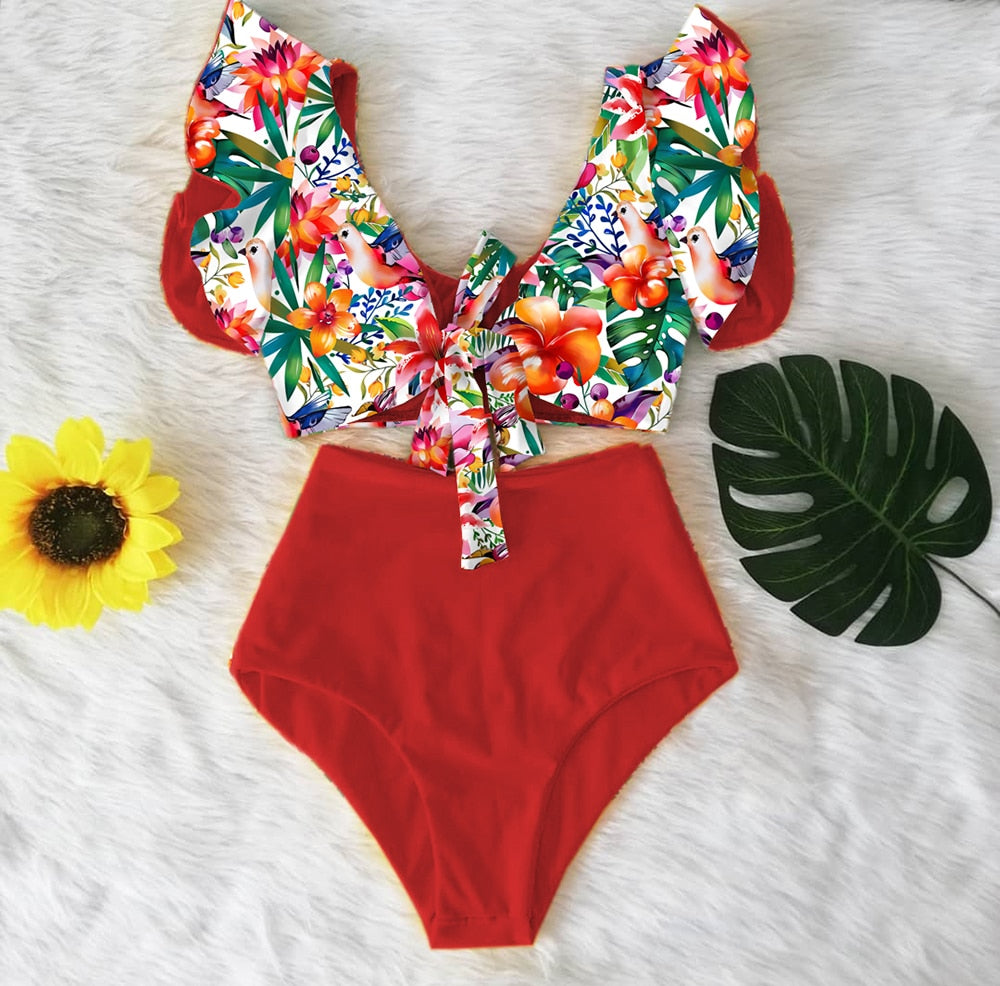 High Waist Ruffled Sexy Bikini Set 2022 Flounce Biquini Swimwear Women Two Pieces Swimsuit Floral Beachwear V-Neck Bathing Suit