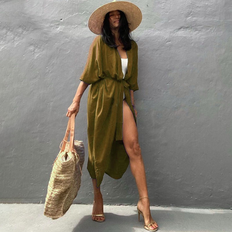 Beach Cover Up Kimono Women Summer 2022 New Pareo Swimsuit Cape Solid Bohemian Tunic Dresses Bathing Suits Dropshipping