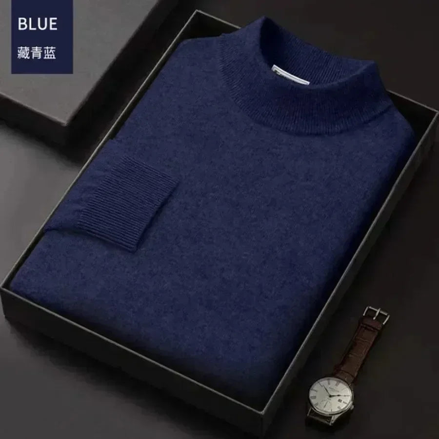 New 2023 Men's Mock Collar 100% Pure Woolen Sweater Tops Autumn Winter Cashmere Sweater Men Pullover Knitted Warm Sweater Male