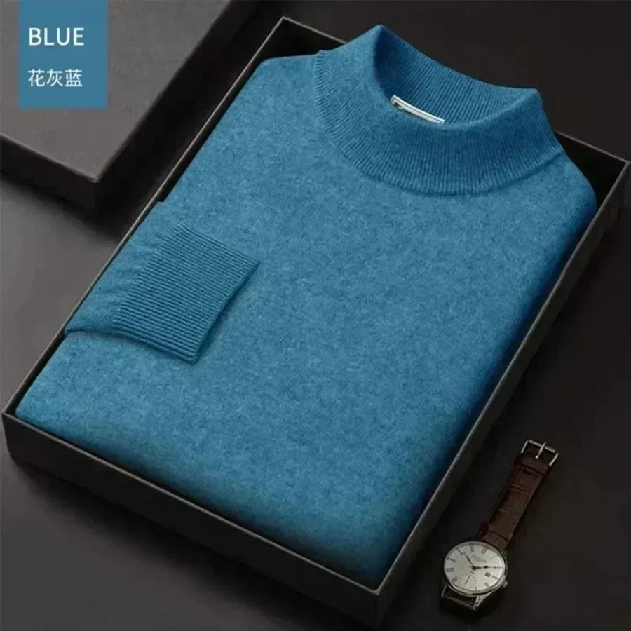 New 2023 Men's Mock Collar 100% Pure Woolen Sweater Tops Autumn Winter Cashmere Sweater Men Pullover Knitted Warm Sweater Male