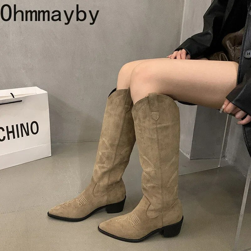 Woman Cowgirl Boots Fashion Slip On Ladies Elegant Square Low Heel Knee High Boots Shoes Women's Winter Footwear