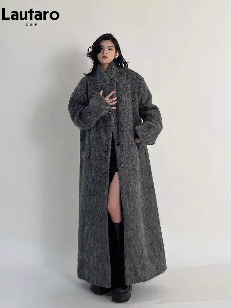 Lautaro Autumn Winter Clothes Women Oversized Extra Long Casual Warm Grey Wool & Blends Coat Women Maxi Fluffy Woolen Overcoat