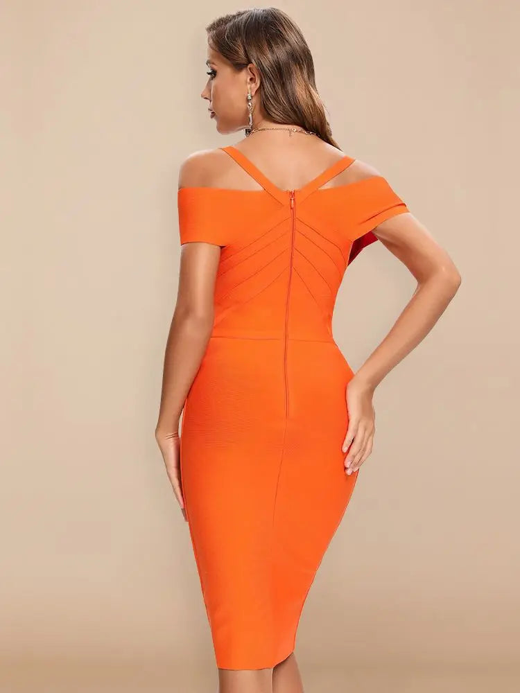 BEAUKEY Orange Bodycon Quality Bandage Dress Women Sexy Strapless V Neck Party Club Dress Celebrity Maxi Off Shoulder Vestidos