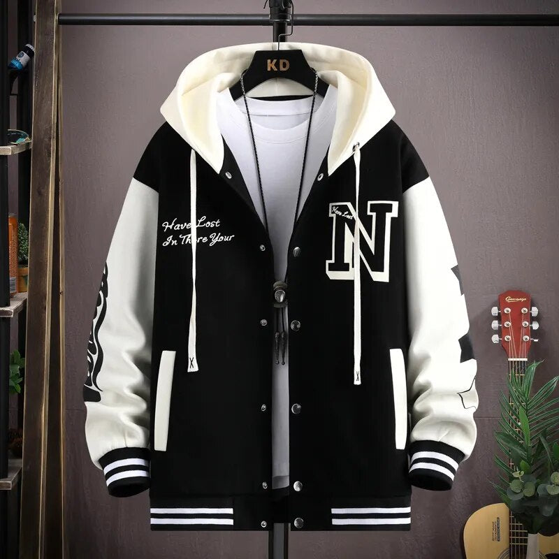 2023 Trendy Hip Hop Hooded Baseball Uniform Unisex Lightweight Sportswear Jacket Men's Bomber Jackets Autumn Coat Letter Printed