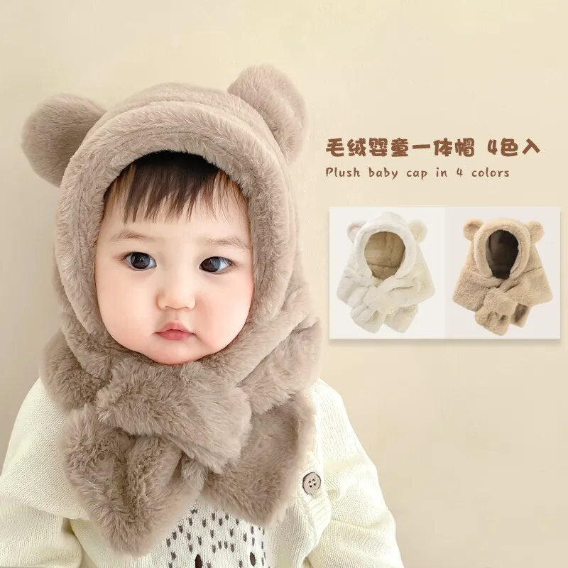 6-24 Months Baby Hat One Piece Little Baby Bear Hat Scarf Winter Thick Ear Hat for Boys and Girls Infant Toddler Accessories