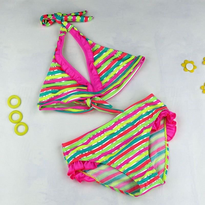 2023 New Summer Girls Close-fitting Elastic Stripe Swimsuit Girls Split Two-pieces Swimwear, Children Stripe Bikini Wholesale