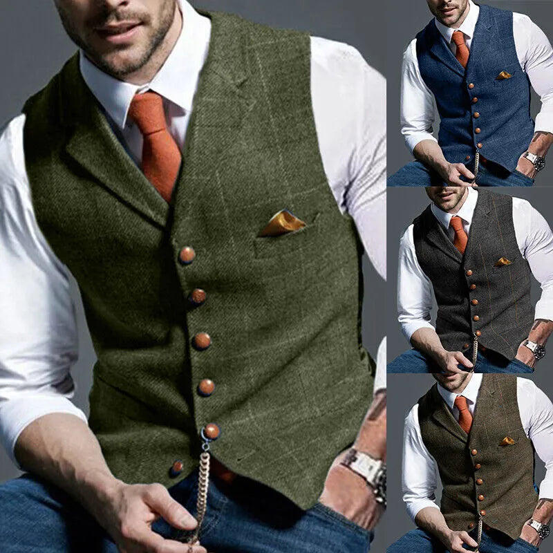 Fashion Men's Vests Lapel Tweed Plaid V-neck Waistcoat Slim Fit Vest Business Formal Dress Suit Casual Wedding Tuxedo Male Vest