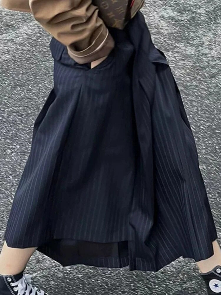 Fashion Striped Suit Pleated Skirt Women 2023 New Summer Harajuku High Waisted Skirts Y2k Streetwear Pocket Slim Long Skirts