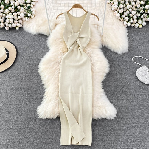 Sleeveless Hollow Split Wrap Dress Midi Sexy Fashion Elastic Tight Party Elegant Vestidos Chic Beach Vacation Summer Women Dress