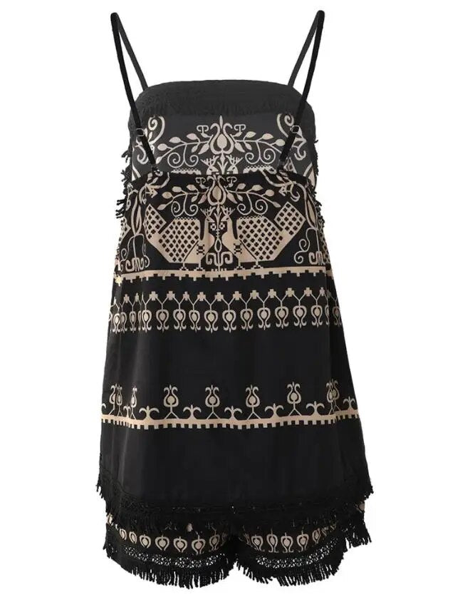 Women Two Piece Outfits 2022 Wome Tribal Print Tassel Trim Halter Top &amp; Vintage Shorts Set