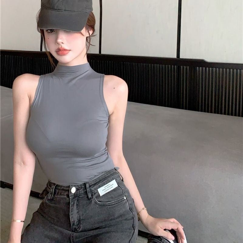 Sexy Tank Top Solid Halter Crop Tops Women Summer Camis Turtleneck Camisole Fashion Casual Tube Female Sleeveless Cropped Vest