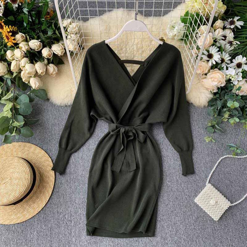 YuooMuoo Autumn Winter Women Knitted Sweater Dress 2022 New Korean Long Batwing Sleeve V Neck Elegant Dress Ladies Bandage Dress