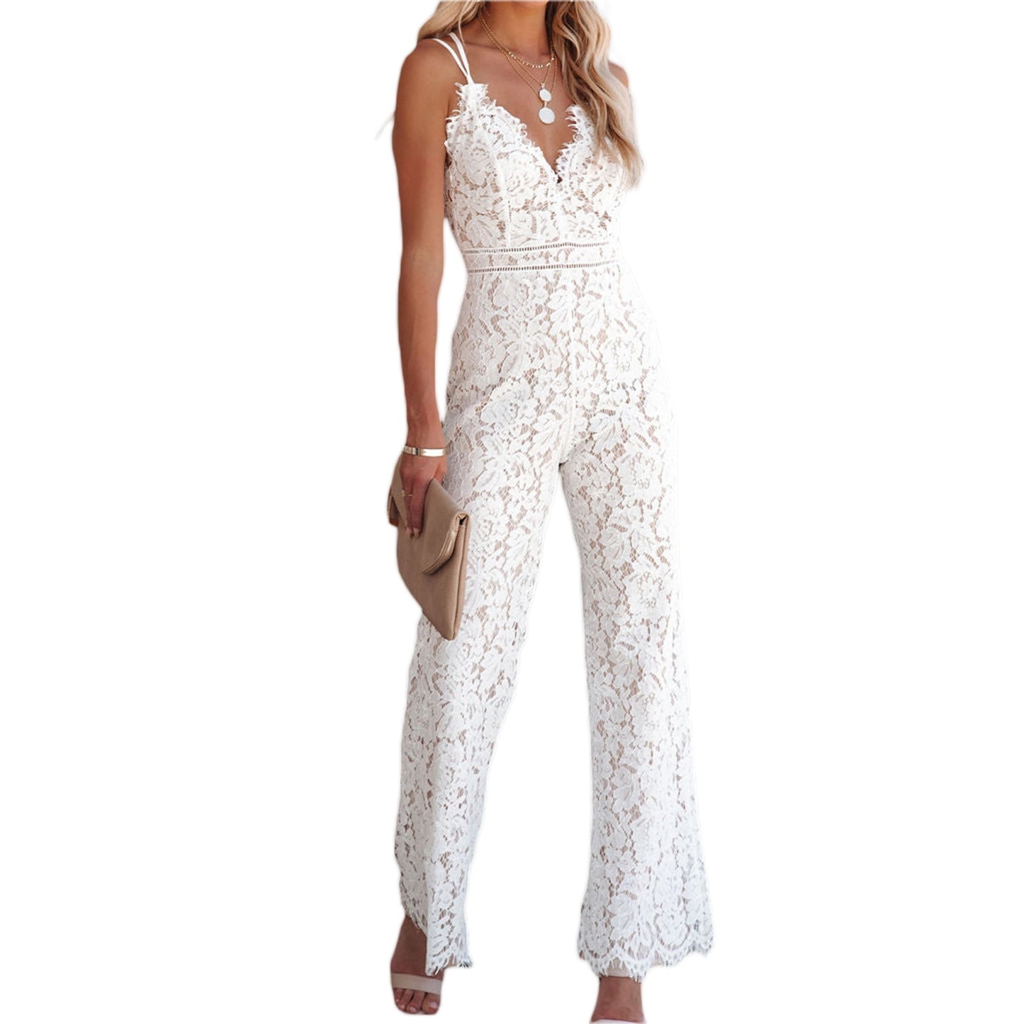 Women&#39;s Sexy Lace Floral Jumpsuit Summer V Neck Solid Color Sleeveless Backless Bodycon Long Romper Playsuit Party Clubwear