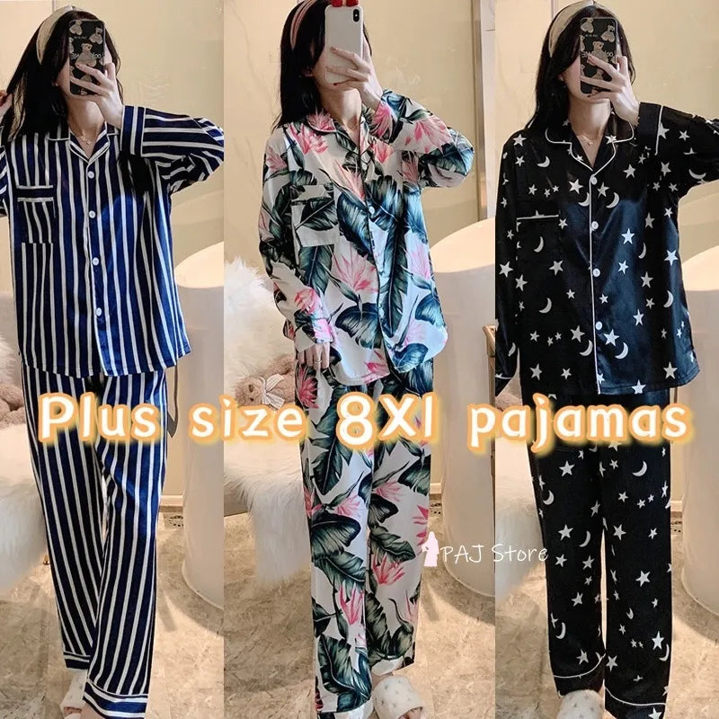 3XL-8XL Long Pajamas Summer Sleepwear Large Bust Adults Satin Women's Suit Nightgown Silk Nightie Freedom Wear Home Clothes