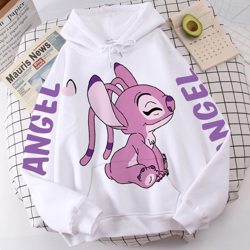 Disney Hoodie Fashion Stitch Angel Monster Letter Cartoon Sweatshirt Pullover Cute Harajuku Unisex Women&#39;s Pocket Top