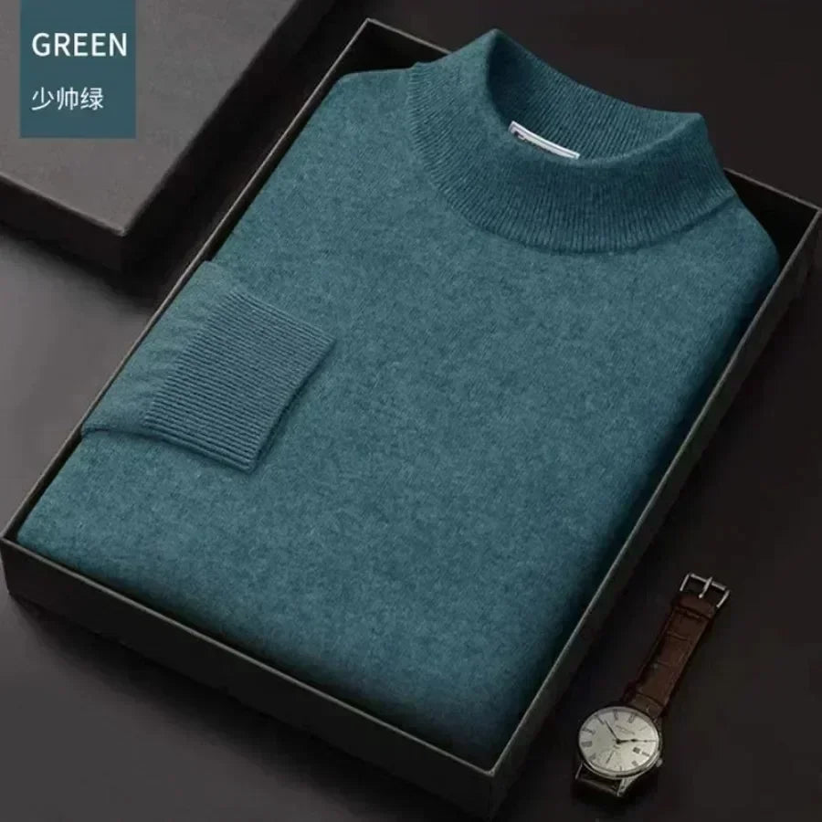 New 2023 Men's Mock Collar 100% Pure Woolen Sweater Tops Autumn Winter Cashmere Sweater Men Pullover Knitted Warm Sweater Male