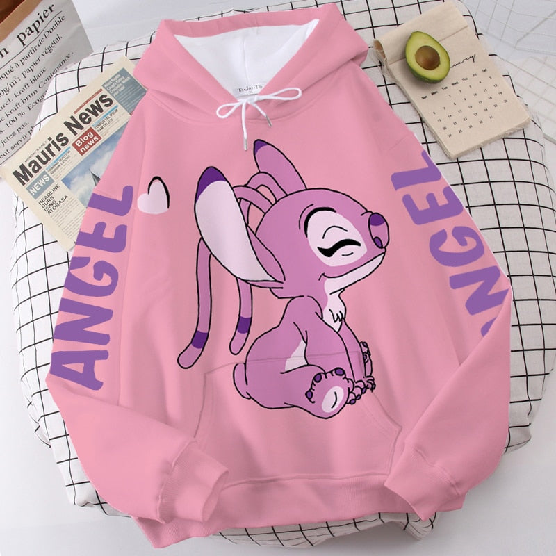 Disney Hoodie Fashion Stitch Angel Monster Letter Cartoon Sweatshirt Pullover Cute Harajuku Unisex Women&#39;s Pocket Top