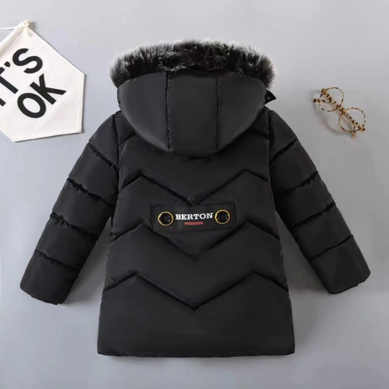 2023 New Style Winter Keep Warm Boys Jacket Letter F Fashion Lining With Plush Fur Collar Hooded Heavy Coat For Kids