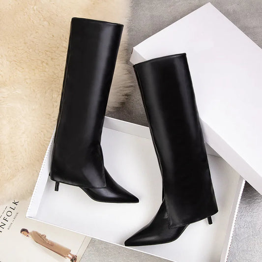 Slit Trousers Fashion Boots For Women Black Soft Leather Knee High Boots Pointy Toe Thin Heels Slip On Party Autumn Ladies Shoes