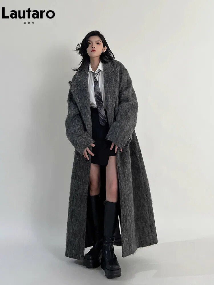 Lautaro Autumn Winter Clothes Women Oversized Extra Long Casual Warm Grey Wool & Blends Coat Women Maxi Fluffy Woolen Overcoat