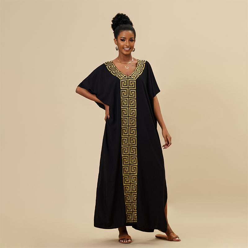 2023 Sexy Cold Shoulder V Neck Bats Sleeve Loose Summer Beach Dress Plus Size Women Beachwear Kaftan Black Dresses Q943