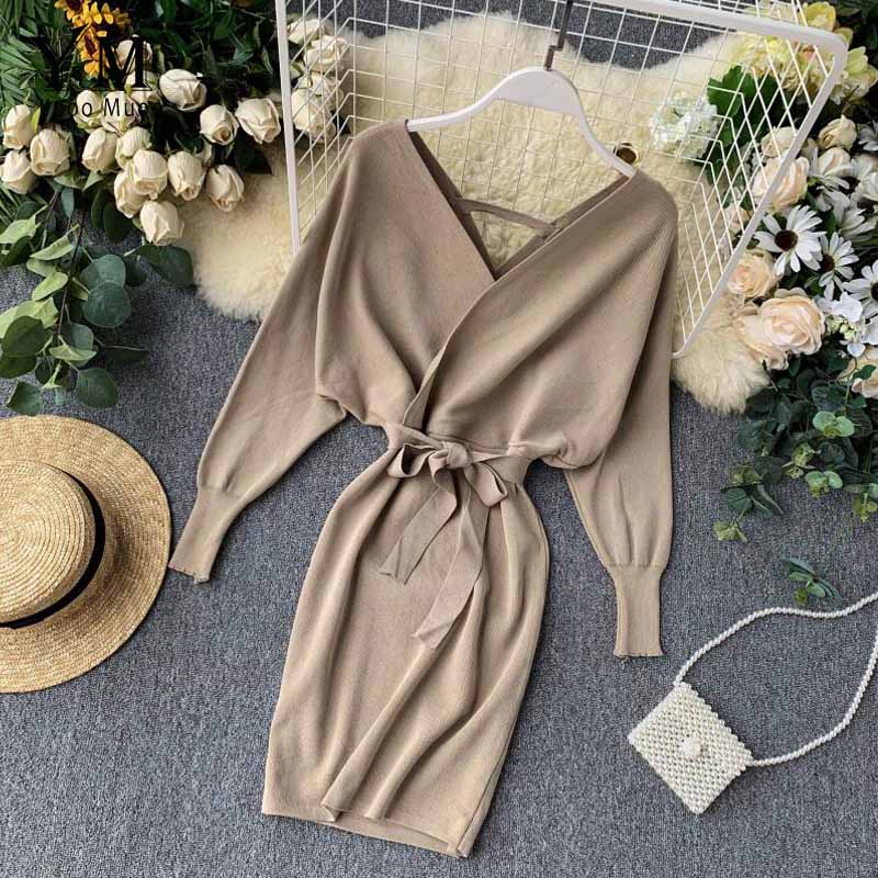 YuooMuoo Autumn Winter Women Knitted Sweater Dress 2022 New Korean Long Batwing Sleeve V Neck Elegant Dress Ladies Bandage Dress