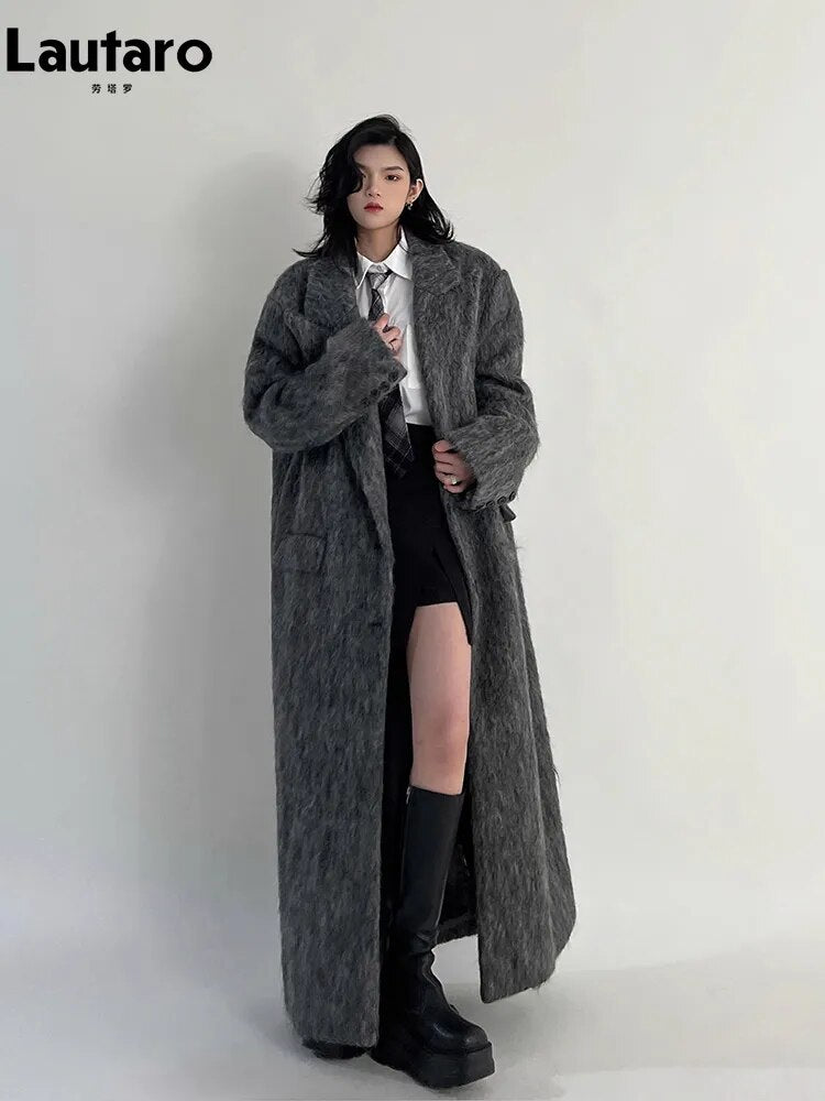 Lautaro Autumn Winter Clothes Women Oversized Extra Long Casual Warm Grey Wool & Blends Coat Women Maxi Fluffy Woolen Overcoat